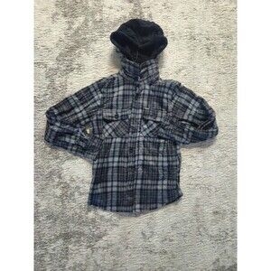 Tony HAWK Men’s S Gray Blue Plaid Hooded Button Flannel Pocket Shirt